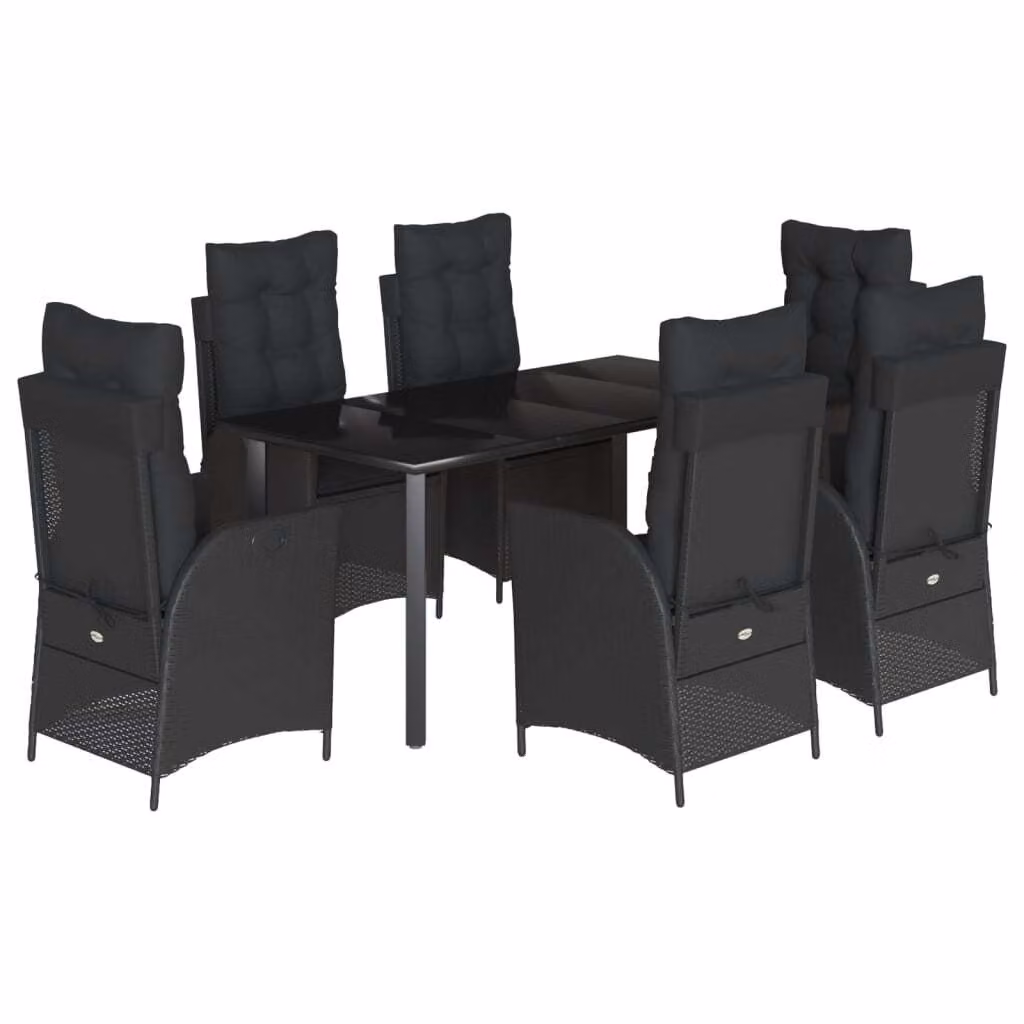 Set da Pranzo da Giardino 7 pz Nero con Cuscini in Polyrattan