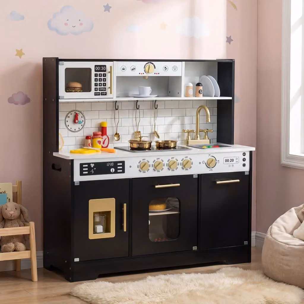 Cucina giocattolo in legno con luci per bambini, set da chef nero per età 3+ anni – 2