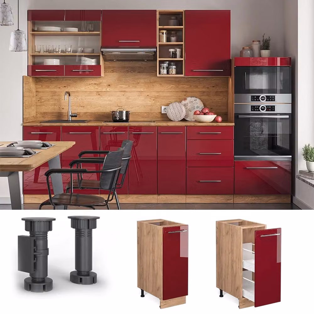 Armadio dispensa alto Fame-Line Vicco bordeaux lucido e rovere dorato con ripiani interni e portabottiglie L: 30 cm – 2