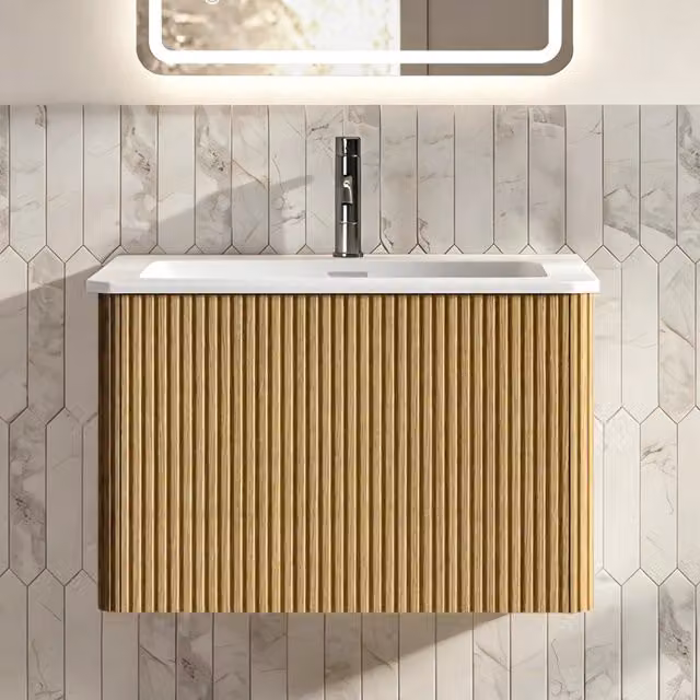 Lavabo con mobile sottolavabo 60 cm, sospeso, preassemblato. Design a scanalature in minerale, finitura rovere naturale per bagni piccoli