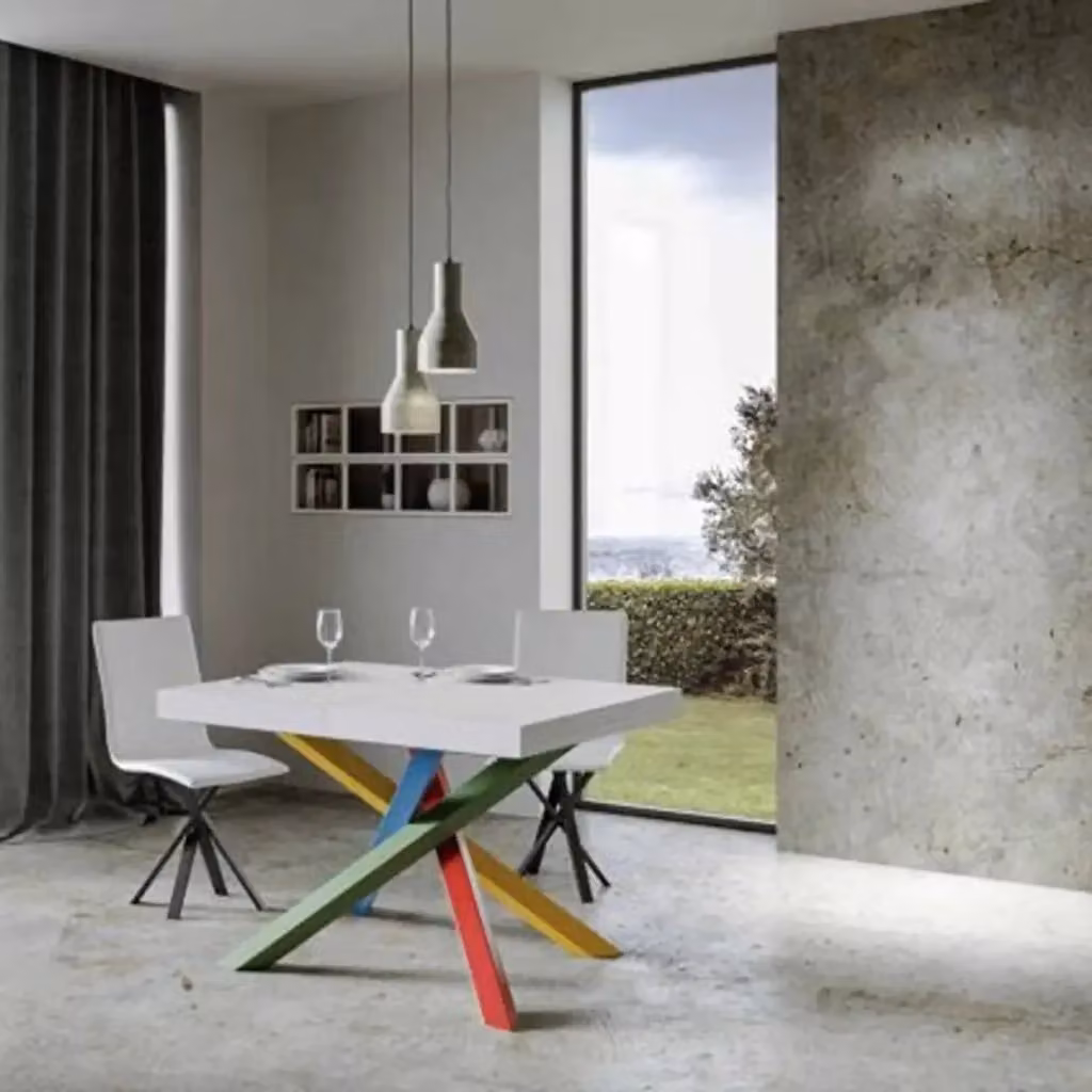 Tavolo allungabile Volantis Premium di Ityhome, colore bianco frassino con gambe multicolore in metallo, L: 140-244 cm, P: 90 cm – 2