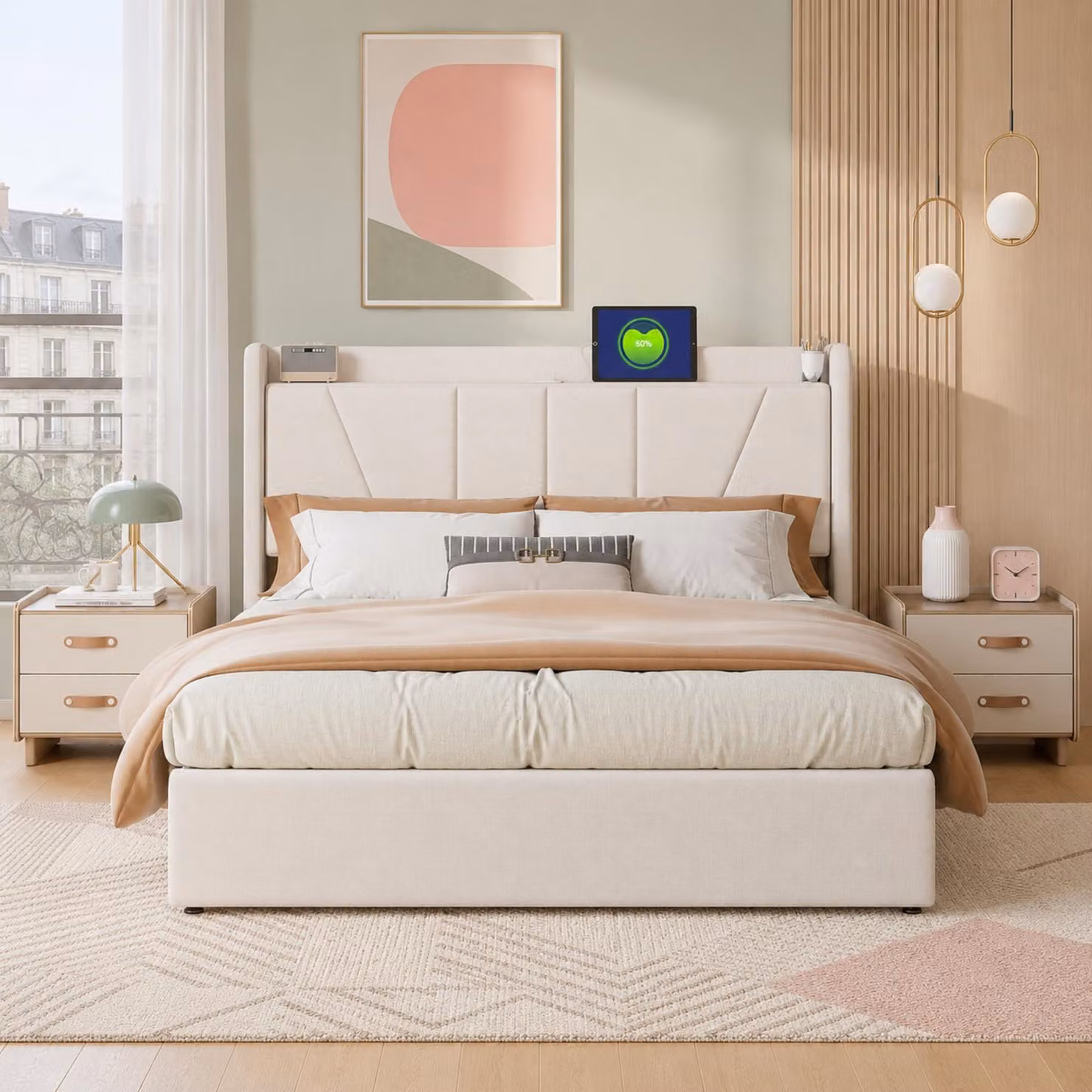 Letto matrimoniale con boxspring, dimensioni 140x200 cm, dotato di porte USB e di tipo C, con struttura imbottita, sistema di sollevamento idraulico e spazio contenitore, completo di rete a doghe, rivestito in lino color beige