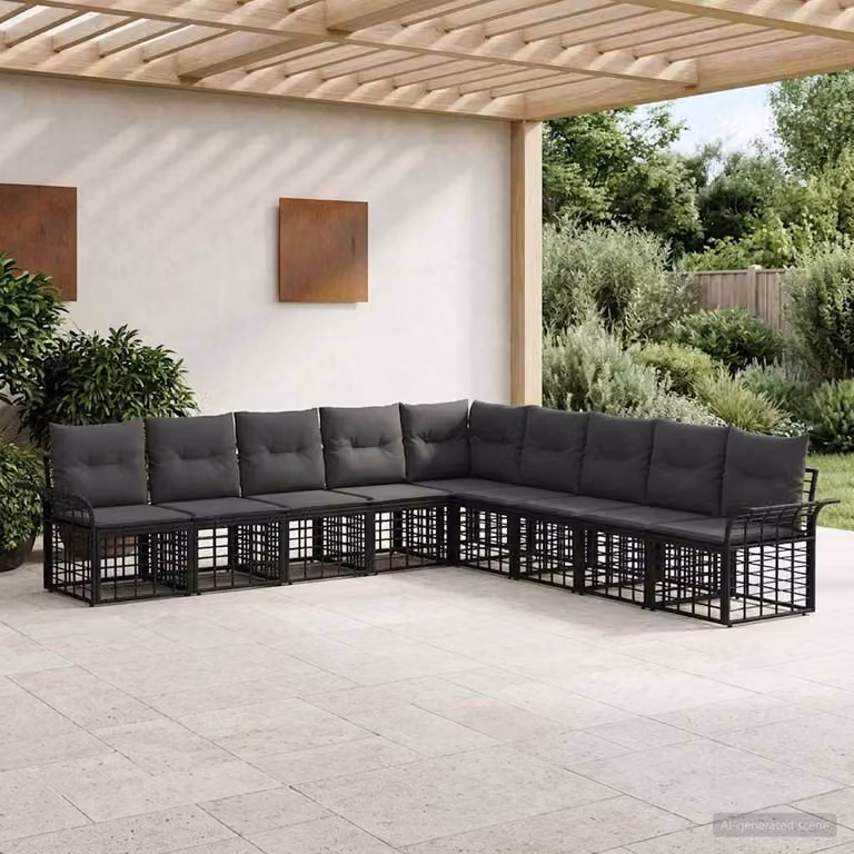 Set di divani da esterno vidaXL 9 pezzi con struttura in metallo e cuscini in schiuma, design moderno a L, colore nero e grigio