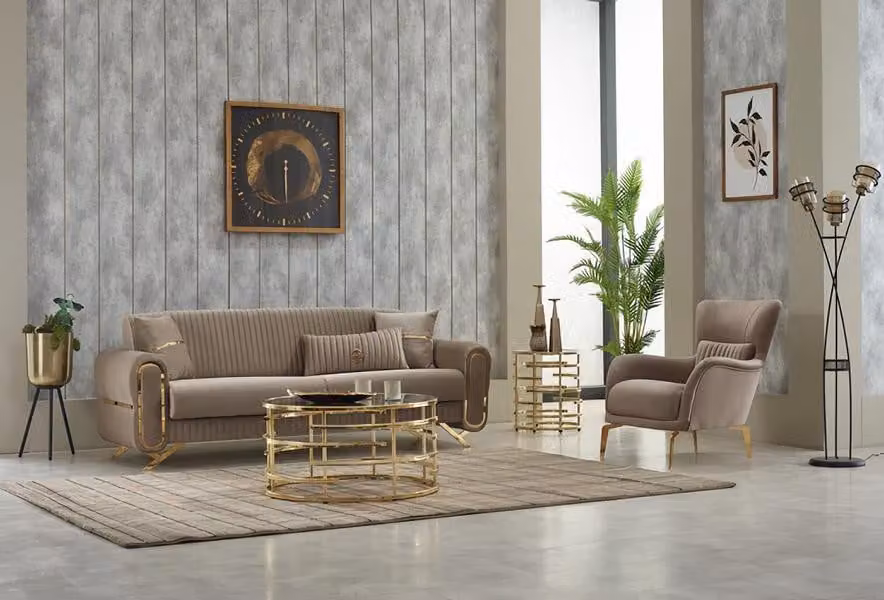 Sofagarnitur Dreisitzer Sofa Stoffsofa Polstersofa Beige Sessel 2tlg