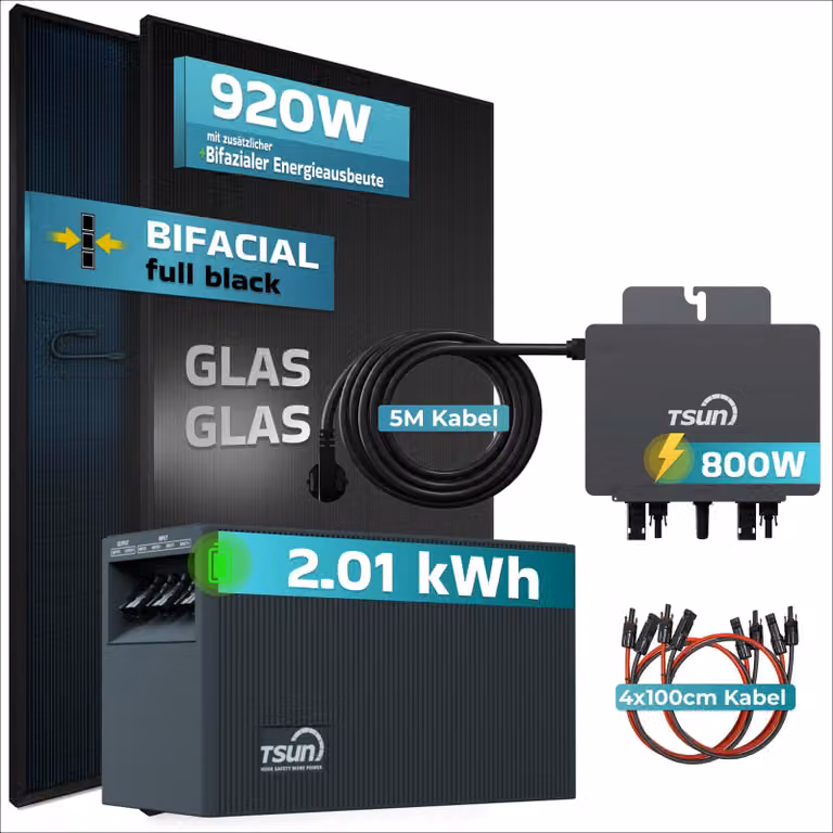 Impianto fotovoltaico da balcone SUNNIVA® da 920W con sistema di accumulo da 2,01 kWh, modello TSUN SOLARCAN TSOL-DCU2000Lite, composto da 2 pannelli da 460W bifacciali full black, completo di presa di corrente e sistema di accumulo solare