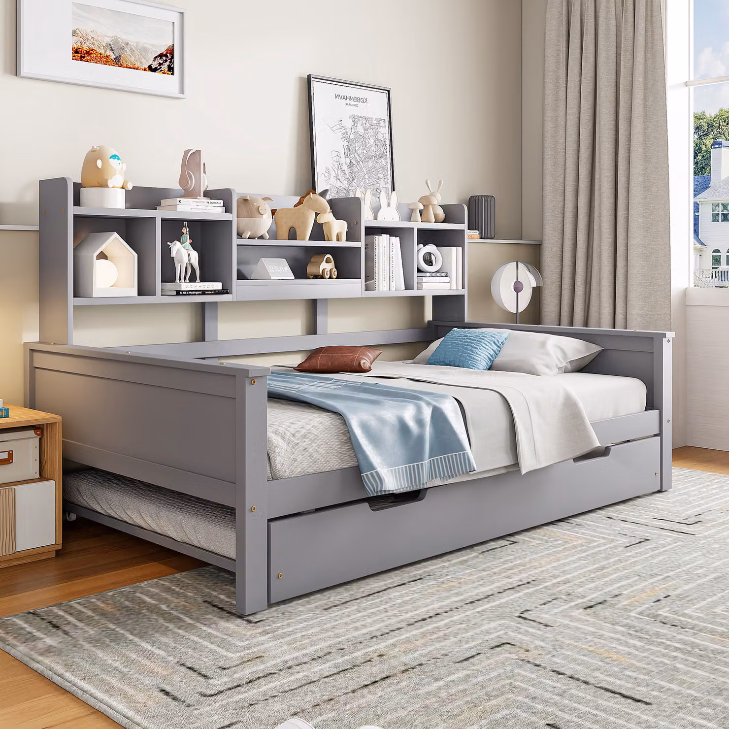 Letto a castello per ragazzi MODFU con divano letto matrimoniale (90×200 cm e 90×190 cm) e letto estraibile, struttura in legno con vano portaoggetti e rete a doghe, materasso escluso, grigio