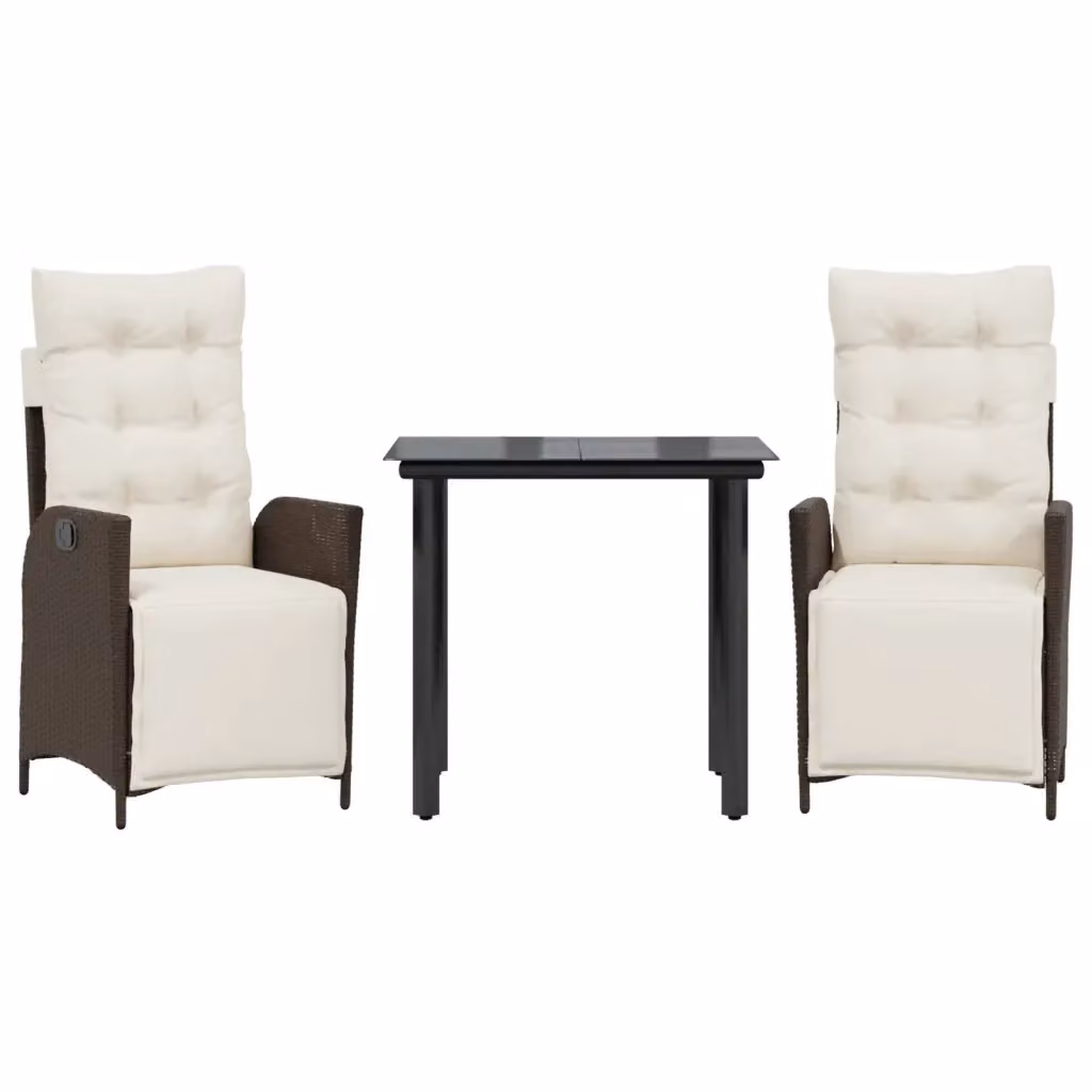 Set da pranzo da giardino 3 pezzi vidaXL in polyrattan marrone con cuscini e tavolo in vetro – 2