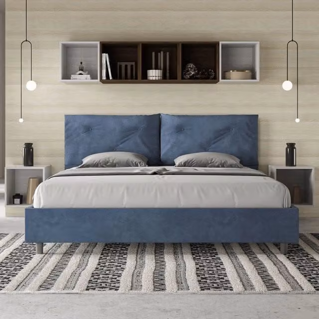 Letto matrimoniale king size Appia Large Ityhome con contenitore imbottito in microfibra blu L 210 x P 190 cm