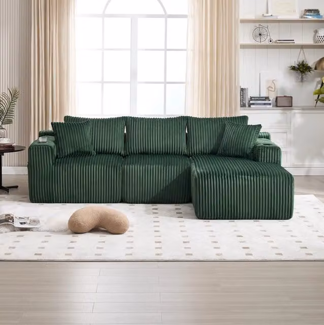 Divano modulare con chaise longue e 2 posti in velluto a coste; 257x160x62 cm; verde smeraldo