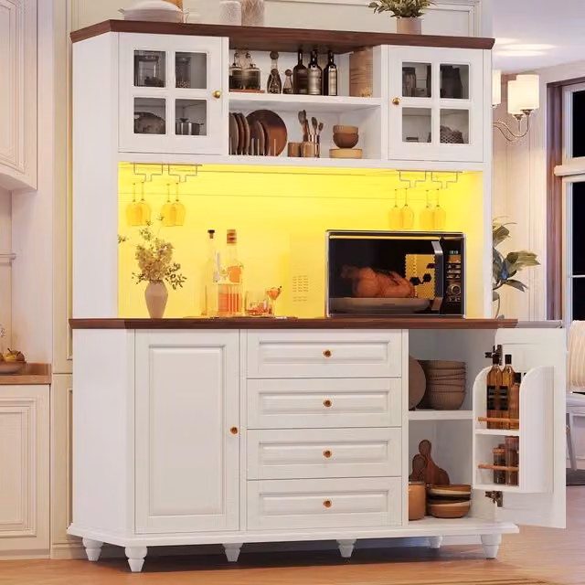 Mobile contenitore moderno ¨C Minimal ¨C Bianco, MDF, piedi in legno, con LED, ripiani regolabili, portabicchieri in metallo