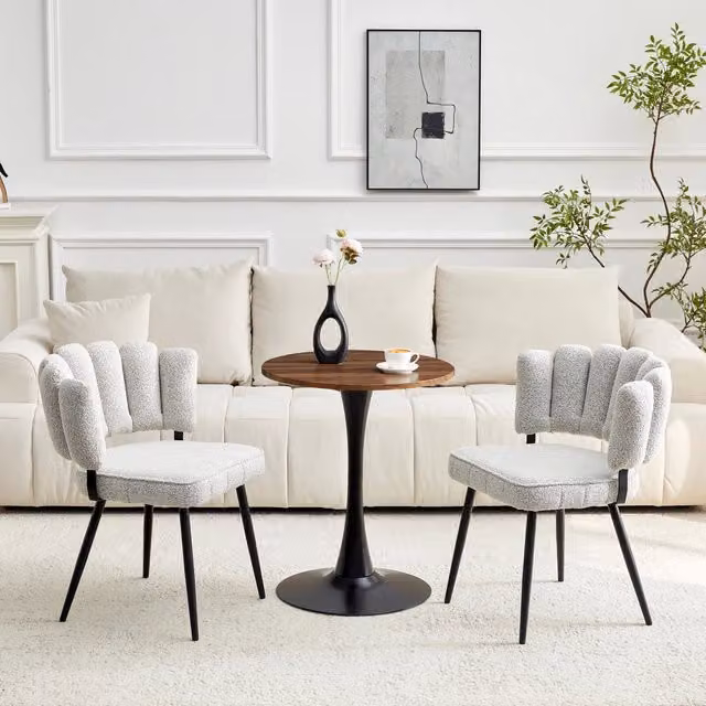 Set tavolo e sedie con 1 tavolo e 2 sedie, schienale a petali, in MDF, metallo e tessuto noce e nero