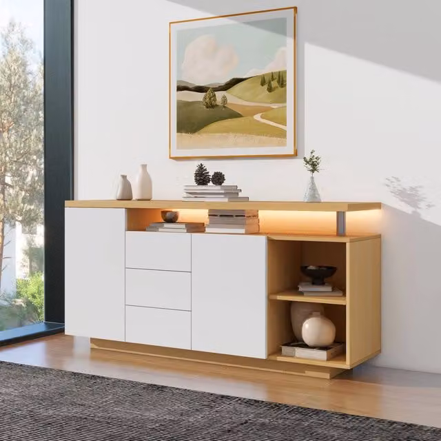 Credenza e madia con LED, 2 ante, 3 cassetti e 2 vani aperti, bianco e rovere chiaro, per soggiorno, 140 × 40 × 70 cm