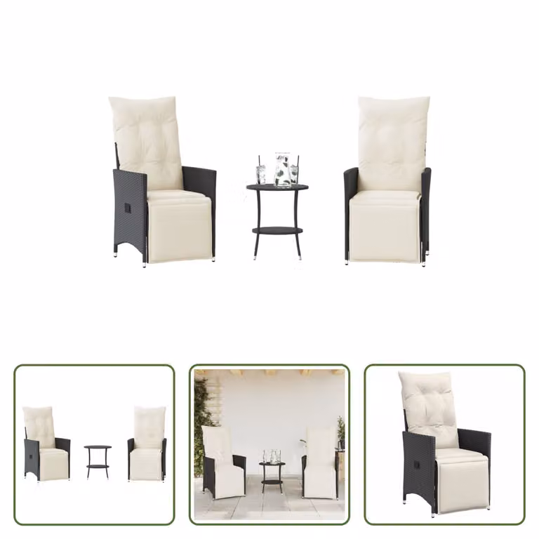 The Living Store Set bistrot 3 pezzi con cuscini in poly rattan nero