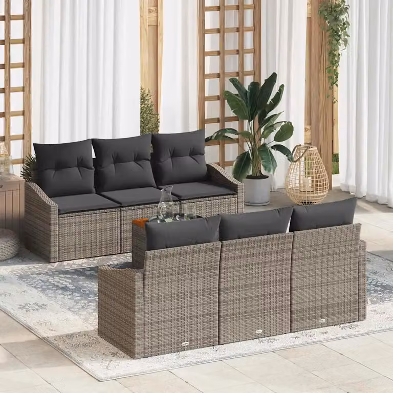 Set Divano da Giardino Moderno vidaXL in Polyrattan Grigio con 7 Pezzi e Cuscini inclusi