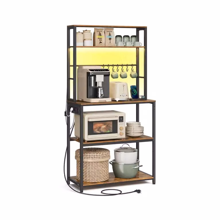 Scaffale da cucina con ripiani regolabili e illuminazione LED, Marrone Vintage, Nero Opaco / 40 x 80 cm