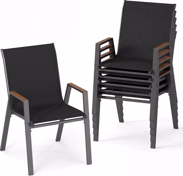Set di 6 sedie da giardino impilabili in tessuto traspirante e acciaio, Poltrone ergonomiche con braccioli portata 180 kg Nero
