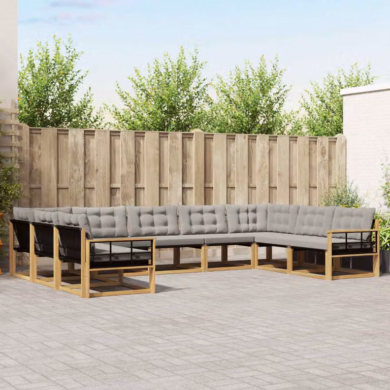 Set di divani da esterno vidaXL a forma di U composto da 9 pezzi in legno di acacia con rivestimento in textilene, colore bianco e grigio