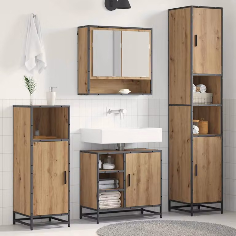 Set di mobili per il bagno vidaXL 3 pezzi in rovere e metallo nero, composto da mobile lavabo, armadietto con specchio e colonna alta