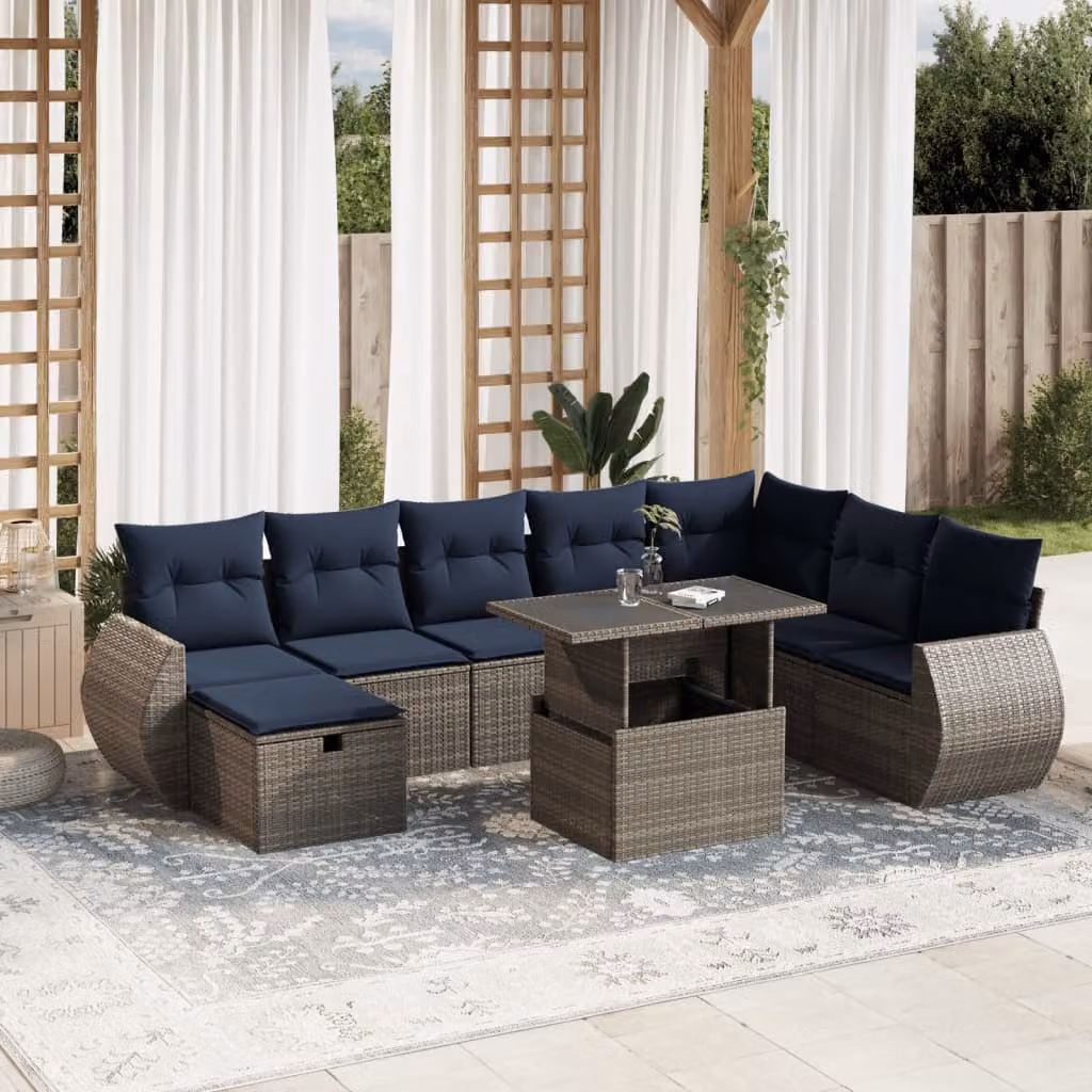 Set di divani da giardino vidaXL 9 pezzi in polyrattan con cuscini blu e grigi, design moderno a forma di L con tavolino e pouf