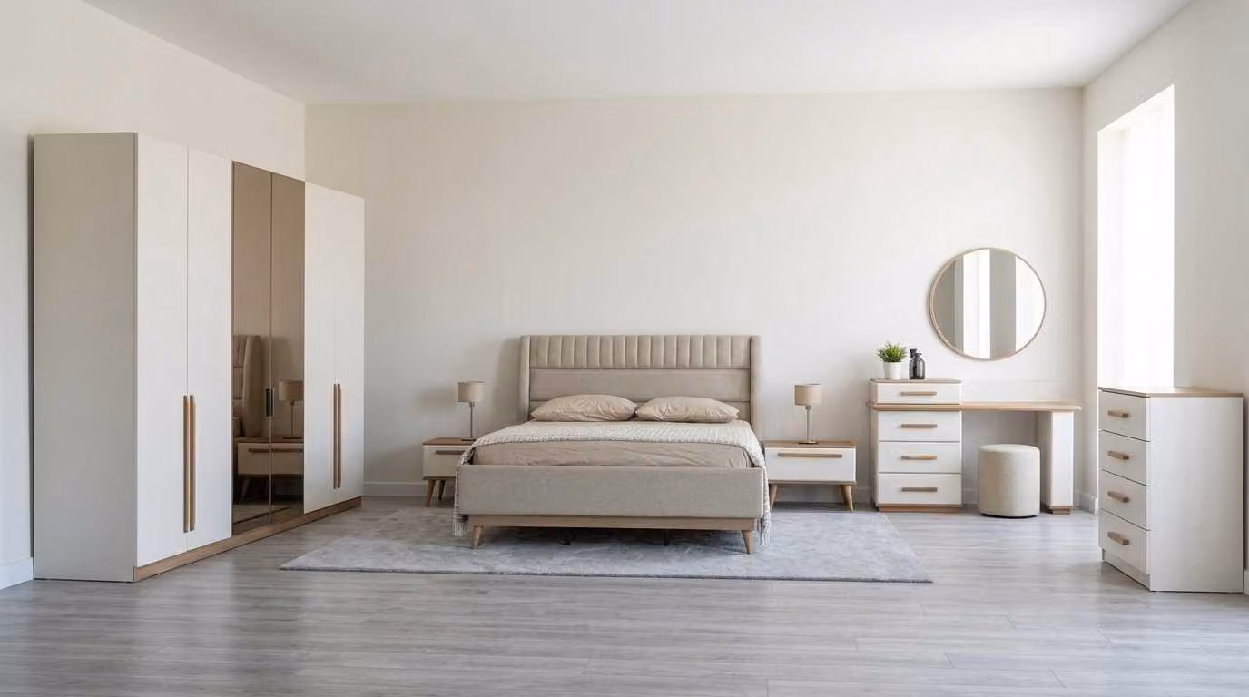Set per camera da letto beige, moderno, composto da armadio, letto e comodino