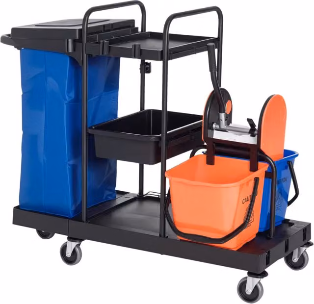 Carrello pulizia professionale 3 ripiani con pressa - Xylo - 2x18L secchi, sacco rifiuti, 4 ruote