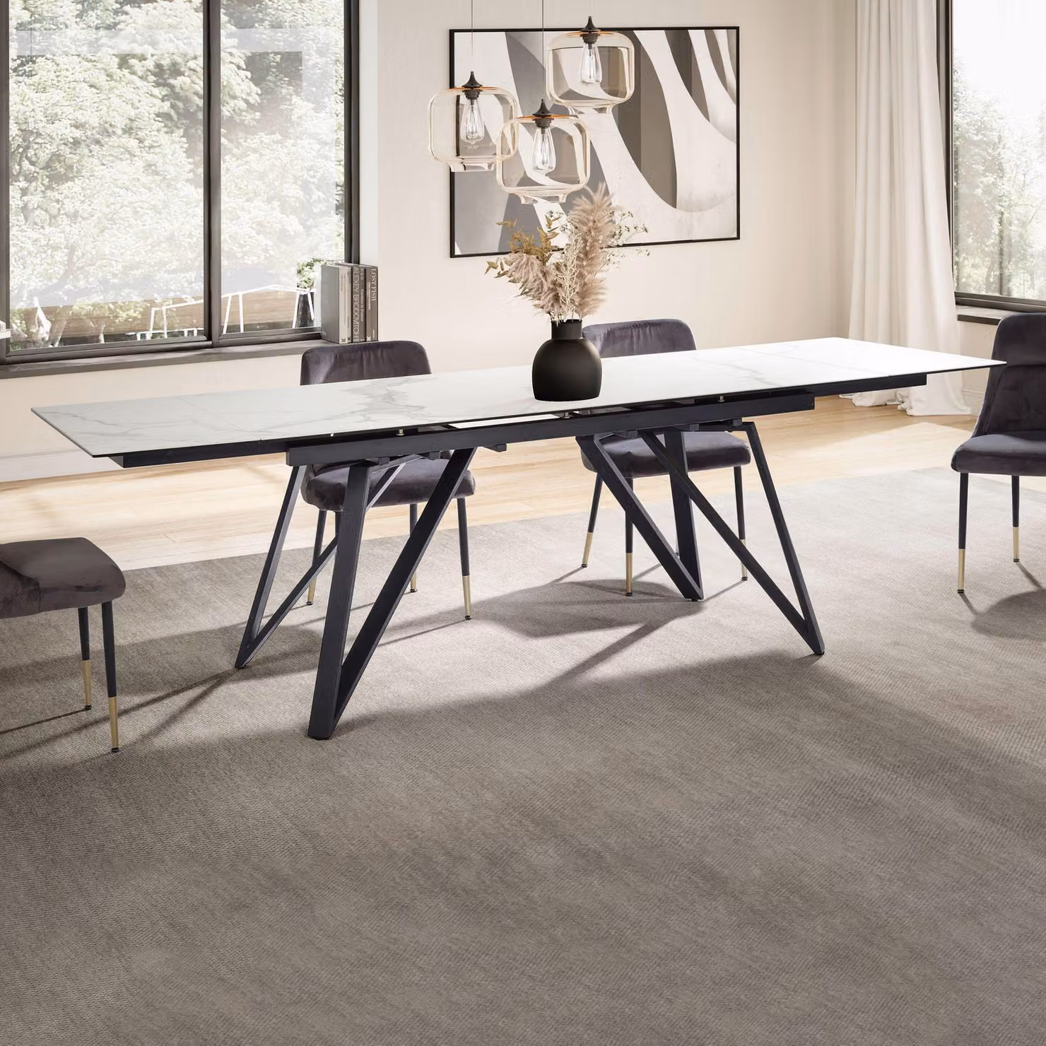 Tavolo da pranzo estendibile FineBuy, 180–260 cm, bianco – piano in vetroVetroceramica – tavolo da pranzo moderno con struttura in metallo geometrico – resistente ai graffi e al calore