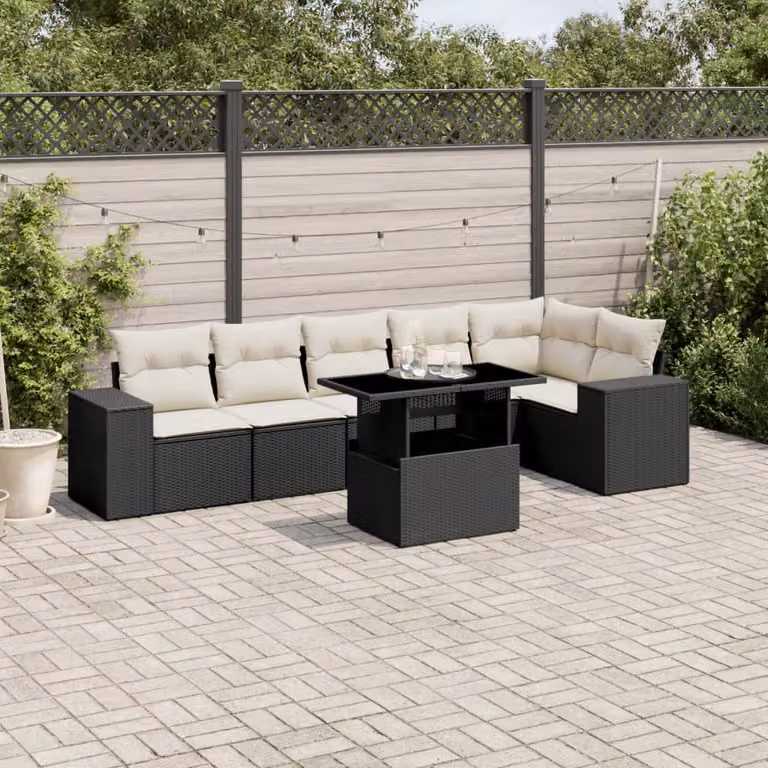 Set di divani da giardino vidaXL a forma di L con 7 pezzi, polyrattan nero e cuscini bianchi con coperture rimovibili