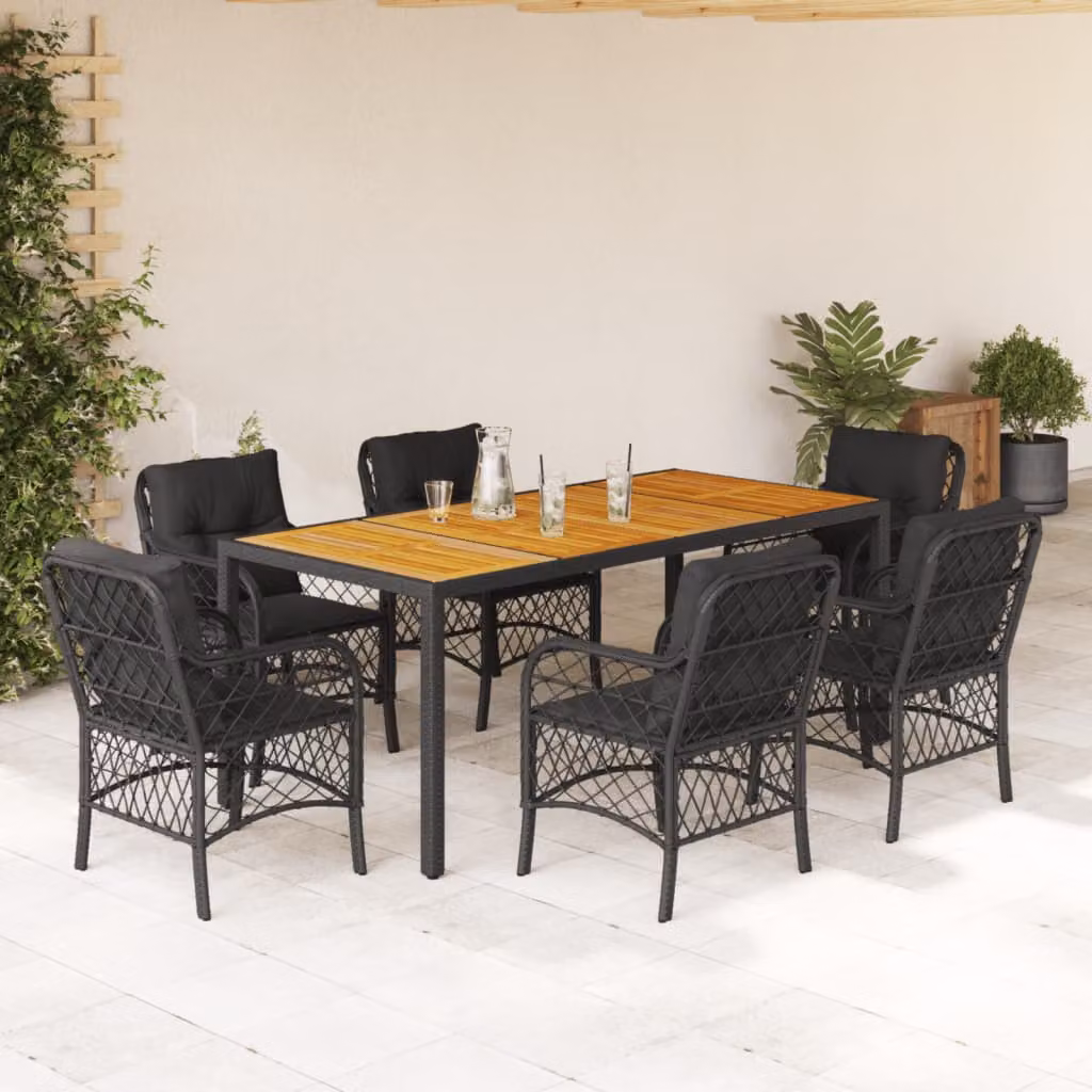 vidaXL Set da Pranzo da Giardino 7 pz in Polyrattan e Legno di Acacia Nero con Cuscini – 1