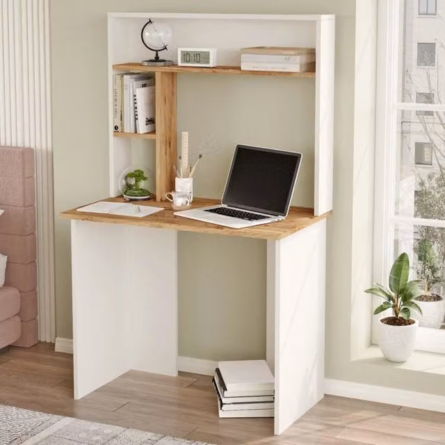 Scrivania DMORA Nicotera in legno rovere marrone e bianco L: 90 cm, P: 52 cm, H: 149 cm – 1