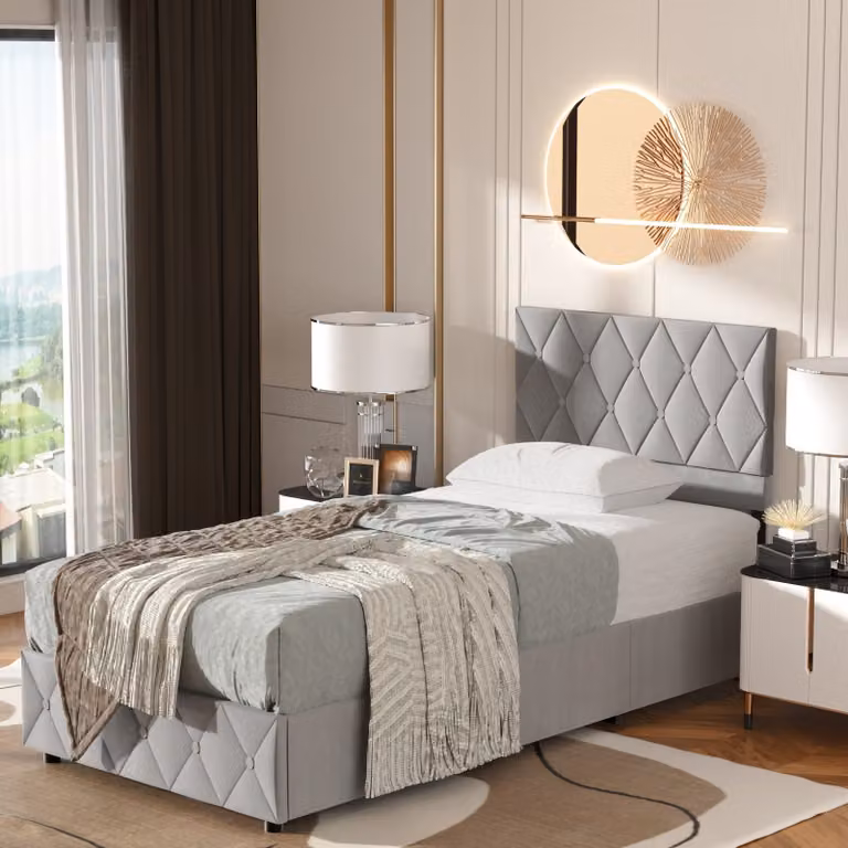 Letto boxspring imbottito MODFU 90 x 190 cm con contenitore idraulico e struttura con vano portaoggetti, grigio velluto (materasso non incluso)