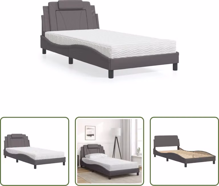 The Living Store Letto con materasso grigio 100x200 cm in ecopelle
