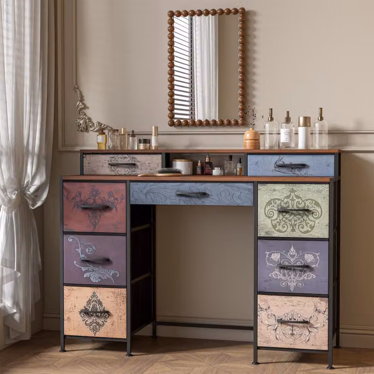 Comodino vintage con motivo floreale, 121 cm - 9 cassetti e 2 ripiani aperti, comò in legno e metallo, nero