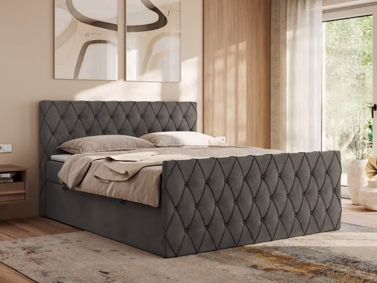 Letto boxspring MKS MEBLE 160x200 con contenitore, letto 160x200 con materasso H4, letto boxspring 160x200 con topper - Miren Duo - Grigio scuro vellutato - H4
