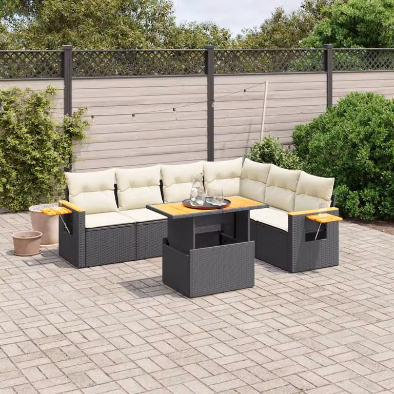 Set di Divani da Giardino vidaXL a Forma di L con Cuscini e Tavolino, 7 Pezzi in Polyrattan Nero e Bianco