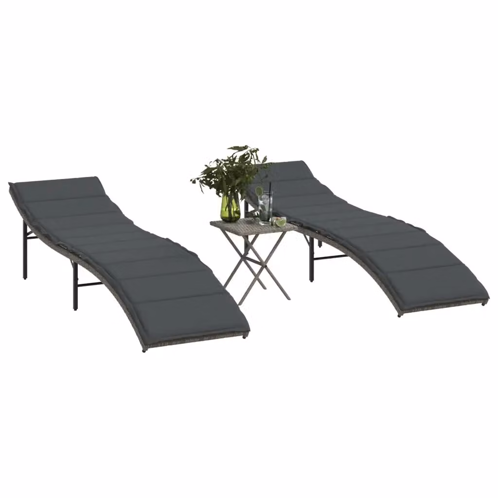 Set di 2 lettini prendisole con tavolino in polyrattan grigio e cuscini impermeabili per giardino – 2