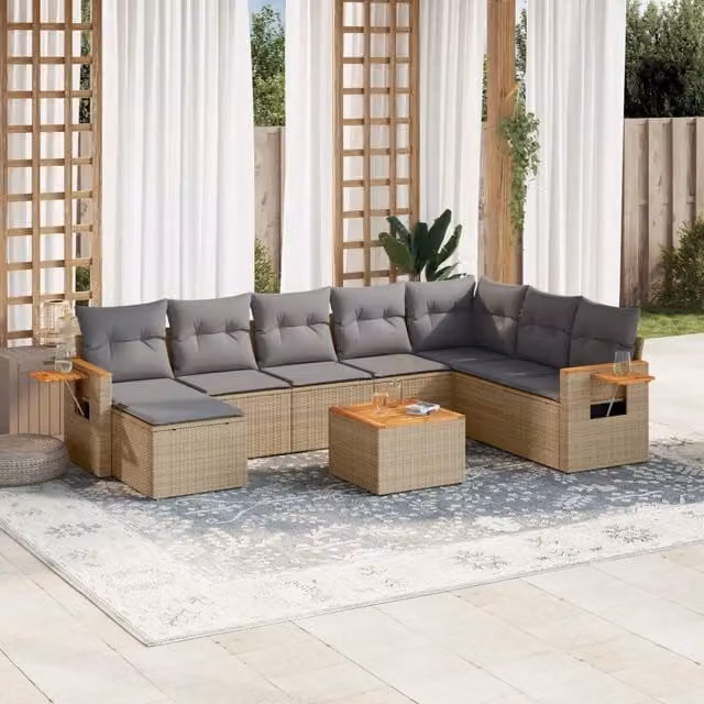 vidaXL Set Divano da Giardino 9 pz in Polyrattan con Cuscini Beige e Grigio – 1