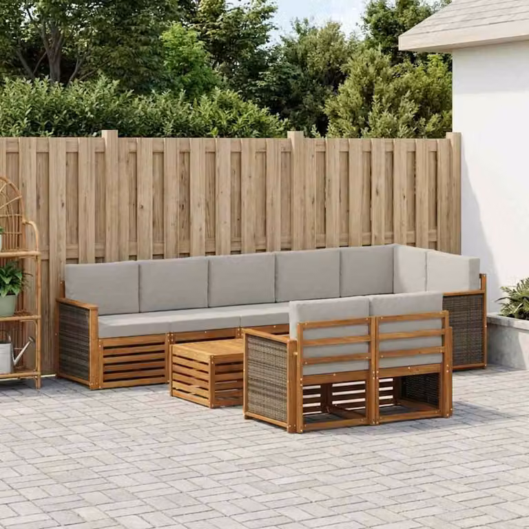 Set di divani da esterno vidaXL 8 pz a forma di L in legno di acacia con tavolo da caffè e cuscini, Naturale e Grigio Chiaro