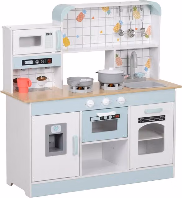 Cucina giocattolo in legno zephmum con fornello e macchina del caffè, bianco, H 88,6 cm x L 90,4 cm x P 31,7 cm