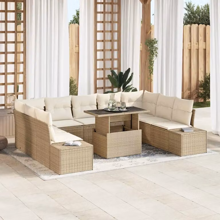 Set Divano da Giardino vidaXL 10 Pezzi in Polyrattan Beige con Cuscini e Tavolino