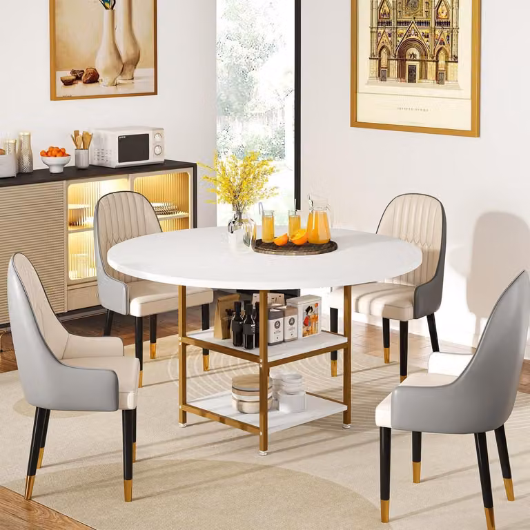 Tavolo rotondo da pranzo con ripiani, per 4 persone, dimensioni 120 x 75 cm, colore oro bianco