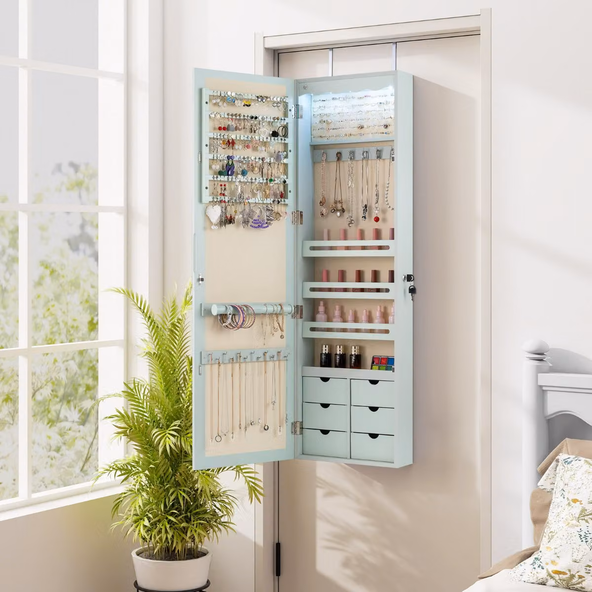 Armadio portagioie Costway in legno con specchio, 6 cassetti e 5 luci LED, colore verde