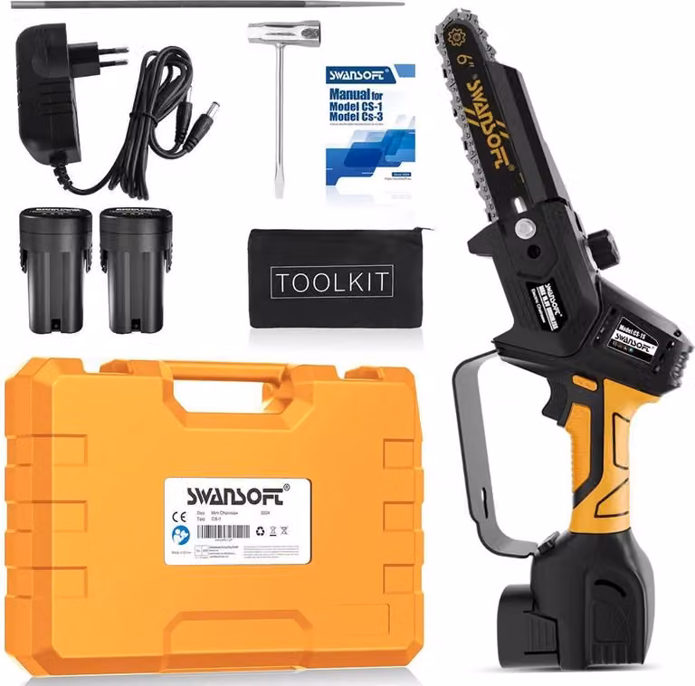 Mini motosega, prestazioni di taglio efficienti, design facile da usare, CS-1S giallo, due batterie, Motosega elettrica