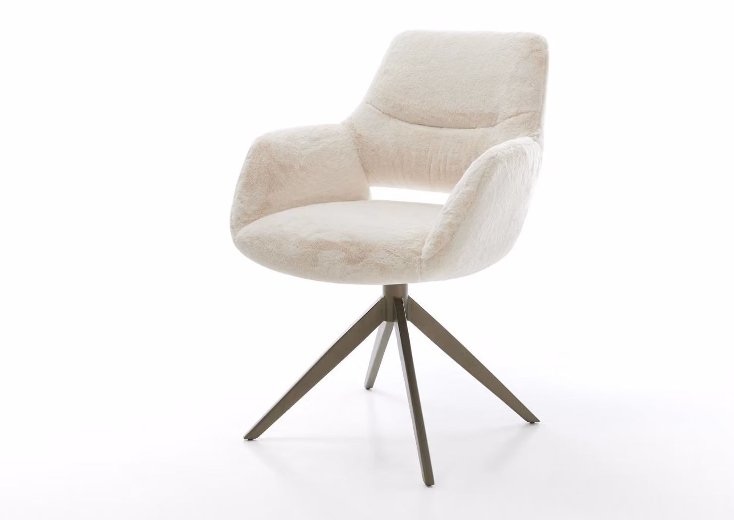Sedia girevole DELIFE Yago-Flex con braccioli, rivestimento in peluche bianco crema, base a croce larga, finitura effetto titanio, rotazione a 360°, funzione oscillante, molle insacchettate