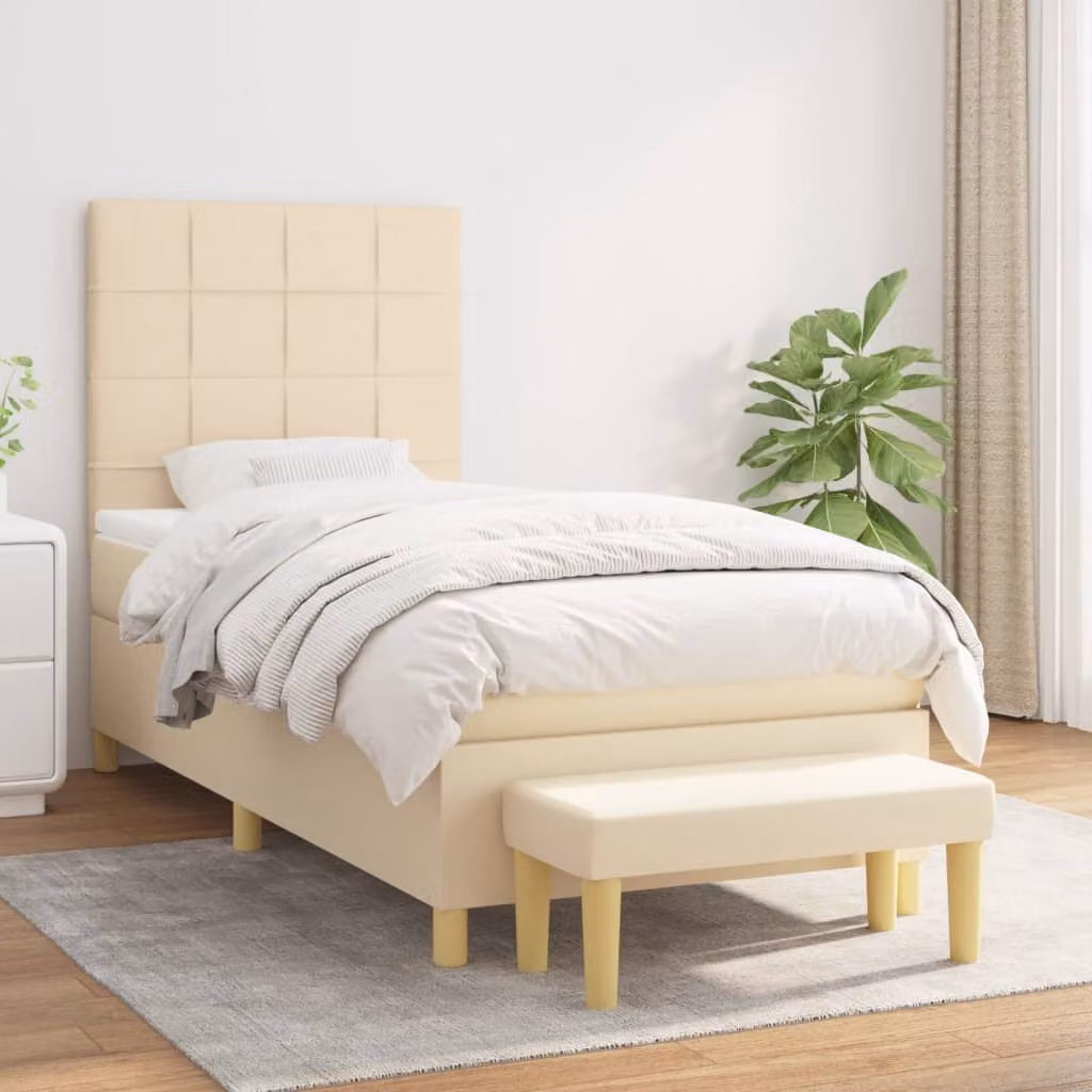 vidaXL Letto Ibrido con Giroletto a Molle e Materasso in Tessuto Beige e Bianco L/P/H: 200 x 90 x 128 cm
