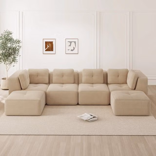 Divano angolare modulare MODFU in velluto a coste beige L/P/H: 386 x 177 x 69 cm