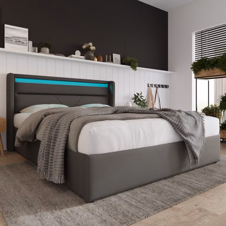 letto imbottito okwish - letto 140x200 cm - letto con contenitore idraulico - letto matrimoniale con materasso, contenitore e LED, grigio (con telecomando)