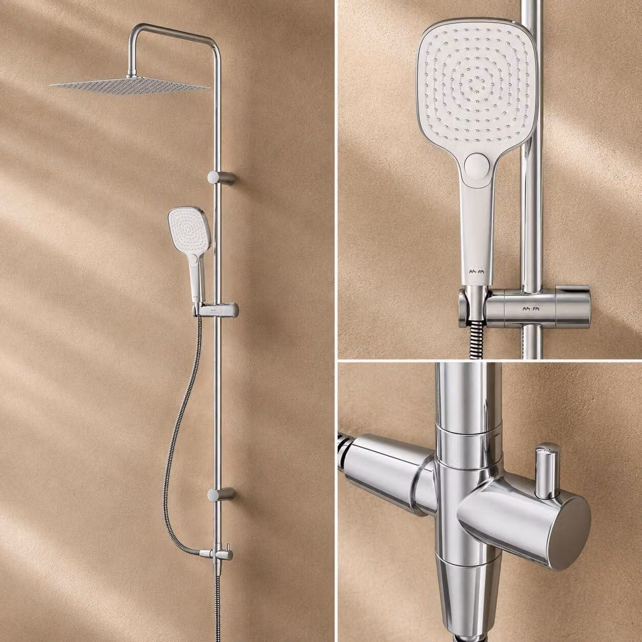 Sistema doccia con soffione a pioggia da 30x30 cm, regolabile in altezza, cromato