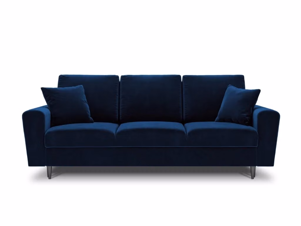 Divano convertibile con contenitore Kyoto di Cosmopolitan Design in velluto blu, 3 posti con funzione letto e cuscini inclusi – 2