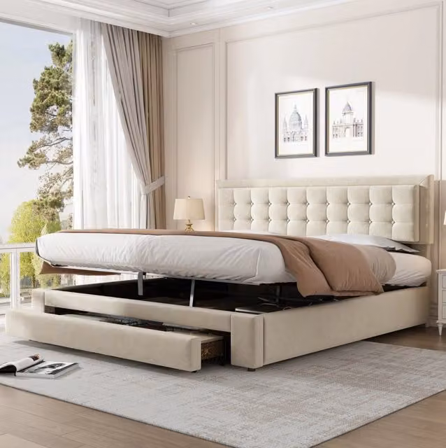 Letto imbottito in velluto con contenitore e cassetti, matrimoniale 160x200 cm, beige