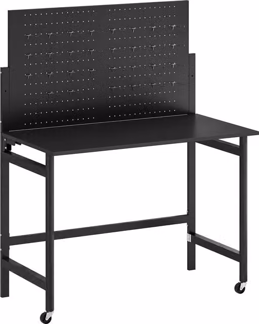 HOMCOM Banco da Lavoro Pieghevole Portatile con Pannello Perforato, Piano in Legno e Struttura in Acciaio, Nero